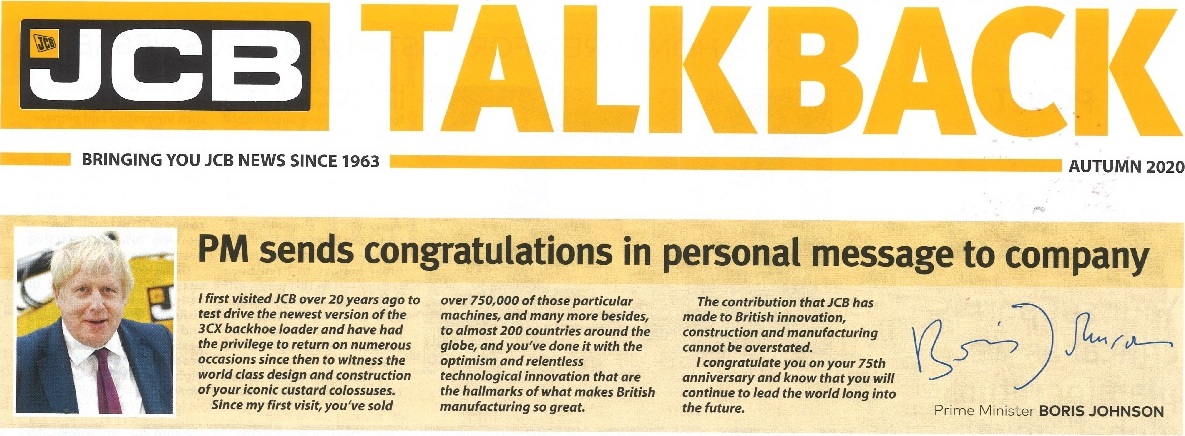 英國首相致信祝賀JCB成立75周年！